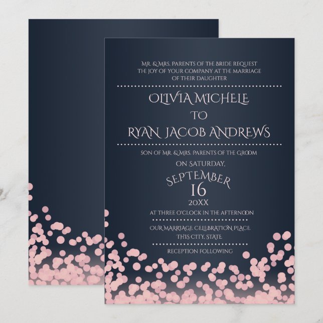 Sparkle Pink and Navy Confetti Gala Wedding Invitation (Front/Back)