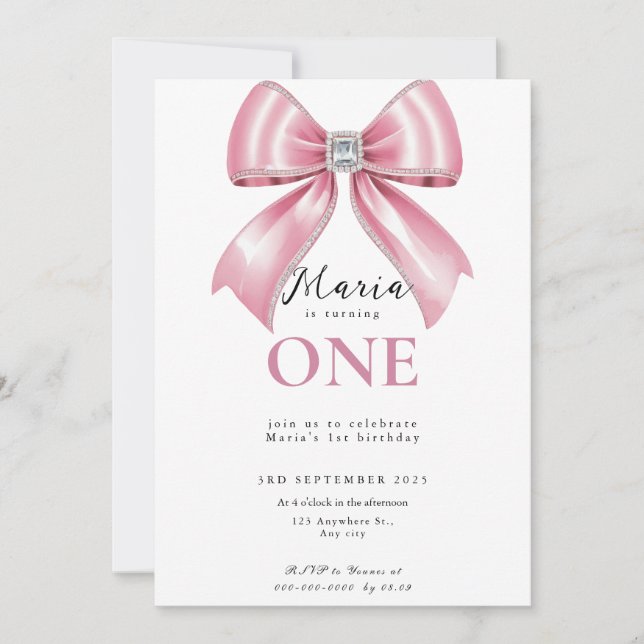 Sparkle Pink Coquette Bow 1st Invitation (Front)