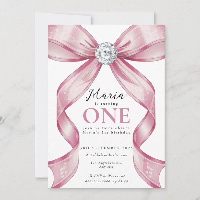 Sparkle Pink Coquette Bow 1st Invitation (Front)