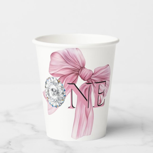 Sparkle Pink Coquette Bow 1st Paper Cups (Front)
