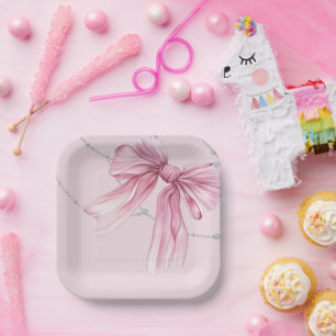Sparkle Pink Coquette Bow 1st Paper Plate