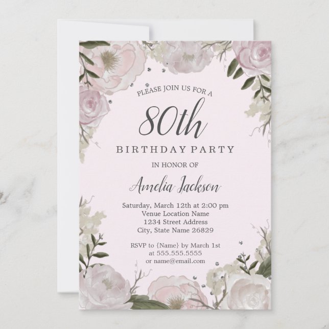 Sparkle Pink Floral 80th Birthday Party Invitation (Front)