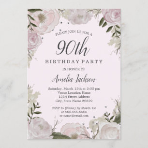 Sparkle Pink Floral 90th Birthday Party Invitation
