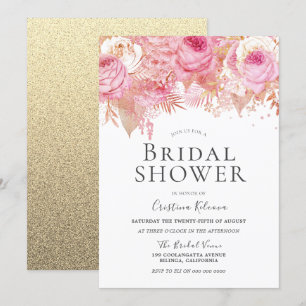Sparkle Pink Flowers Elegant Bridal Shower Invitation