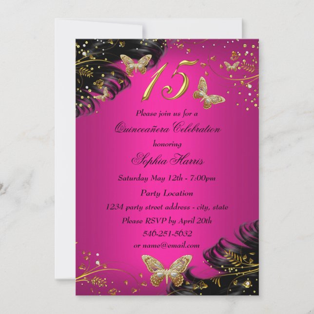 Sparkle Pink & Gold Butterfly Quinceanera Invite (Front)