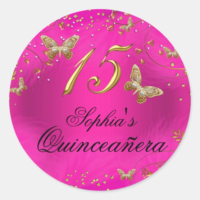Sparkle Pink & Gold Butterfly Quinceanera Sticker (Front)