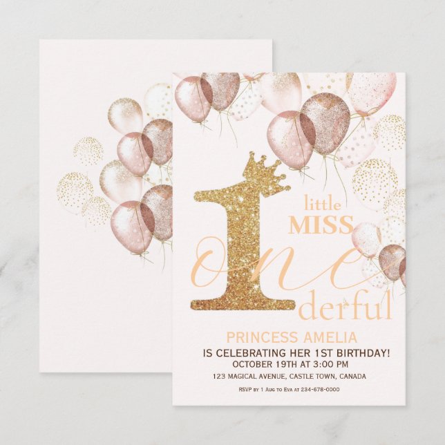 Sparkle Pink Gold Crown Princess First Birthday Invitation (Front/Back)
