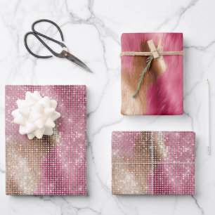 Sparkle Pink Gold Southwest Faux Cowhide Birthday Wrapping Paper Sheet