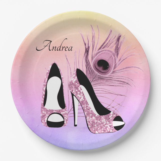 Sparkle Pink Pumps Fancy Personalized Paper Plate (Front)