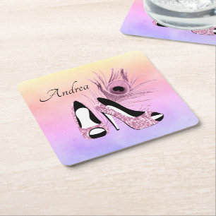 Sparkle Pink Pumps Fancy Personalized Square Paper Coaster