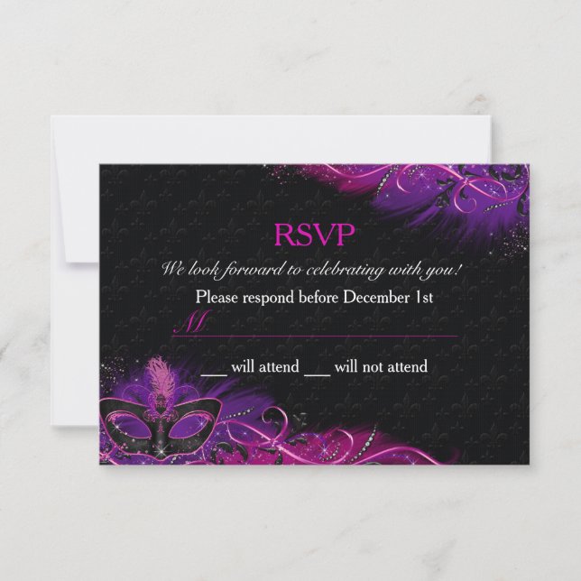 Sparkle Pink & Purple Feather Mask Masquerade RSVP (Front)