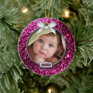 Sparkle Pink/Silver Bow Photo Ceramic Ornament