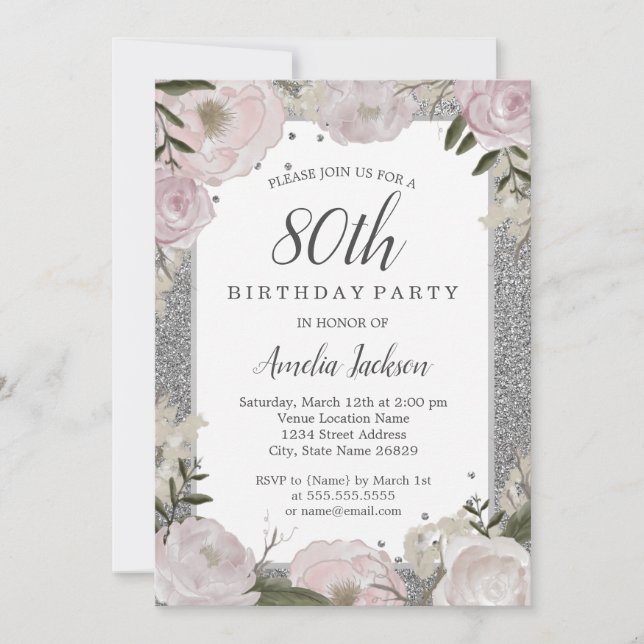 Sparkle Pink Silver Floral 80th Birthday Party Invitation (Front)