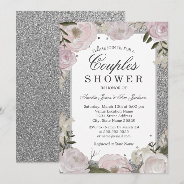 Sparkle Pink Silver Floral Couple Shower Invitation (Front/Back)