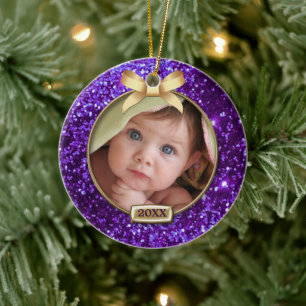 Sparkle Purple/Gold Bow Photo Ceramic Ornament