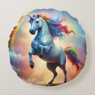 Sparkle Rainbow White Unicorn, Round Pillow