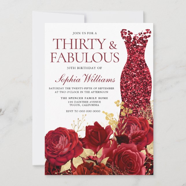 Sparkle Red Dress Roses Gold Leaf 30th Birthday Invitation (Front)