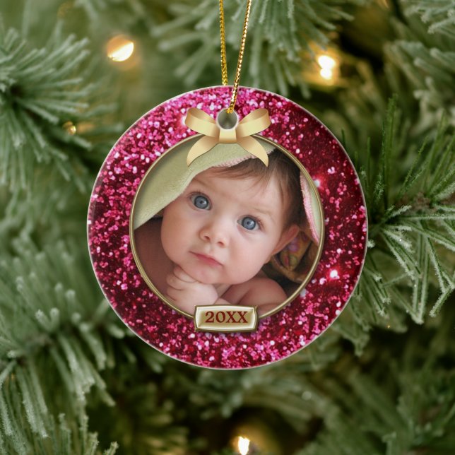 Sparkle Red/Gold Bow Photo Ceramic Ornament (Tree)