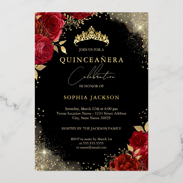 Sparkle Red Gold Rose Tiara Quinceanera (Front)