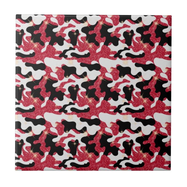 Sparkle Red White Black Camouflage Camo Tile (Front)