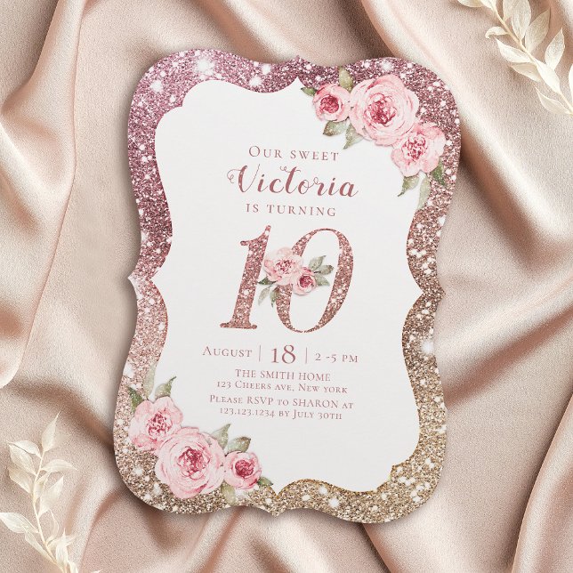 Sparkle rose gold glitter and floral 10th birthday invitation (Sparkle rose gold glitter and floral 10th birthday invitation)