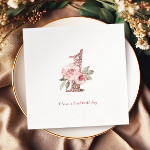 Sparkle rose gold glitter and floral 1st birthday napkin