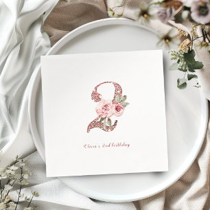 Sparkle rose gold glitter and floral 2nd birthday napkin