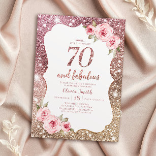 Sparkle rose gold glitter and floral 70th birthday invitation