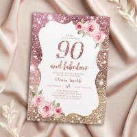Sparkle rose gold glitter and floral 90th birthday