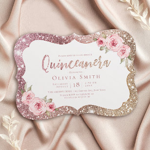 Sparkle rose gold glitter and floral Quinceanera Invitation