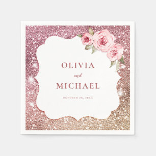 Sparkle rose gold glitter and floral wedding napkin