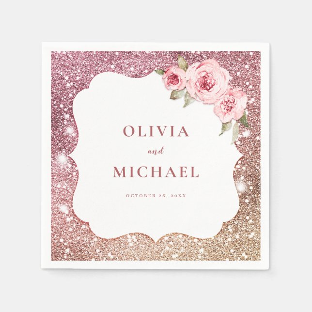 Sparkle rose gold glitter and floral wedding napkin (Front)