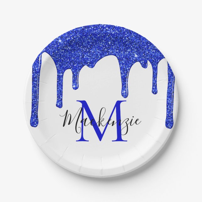 Sparkle Royal Blue Glitter Drips Monogram Paper Plate (Front)