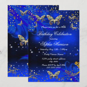 Sparkle Royal Blue Gold Butterfly Birthday party Invitation