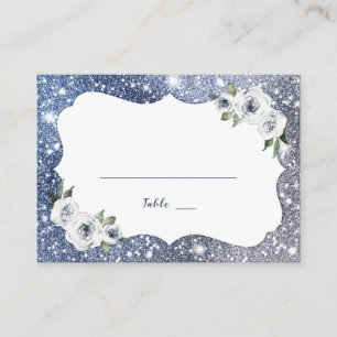Sparkle Silver Blue Glitter and Floral Wedding Place Card