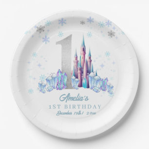 Sparkle Silver Frozen Kingdom Castle 1st Birthday Paper Plate