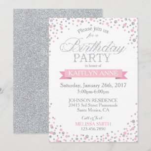 Sparkle Silver Glitter and Pink Sprinkles Birthday Invitation