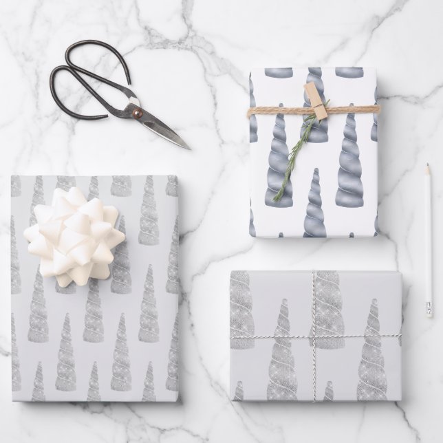 Sparkle Silver Grey Glam Unicorn Birthday Wrapping Paper Sheet (Front)