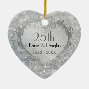 Sparkle Silver Heart 25th Wedding Anniversary Ceramic Ornament