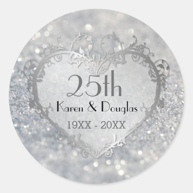 Sparkle Silver Heart 25th Wedding Anniversary Classic Round Sticker (Front)