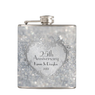 Sparkle Silver Heart 25th Wedding Anniversary Hip Flask