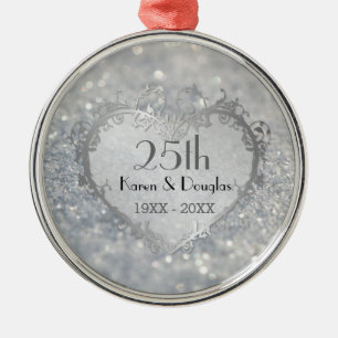 Sparkle Silver Heart 25th Wedding Anniversary Metal Ornament