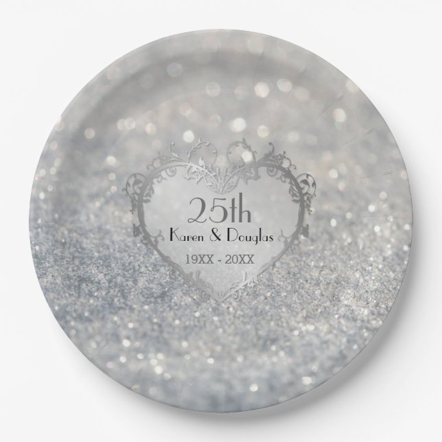 Sparkle Silver Heart 25th Wedding Anniversary Paper Plate (Front)
