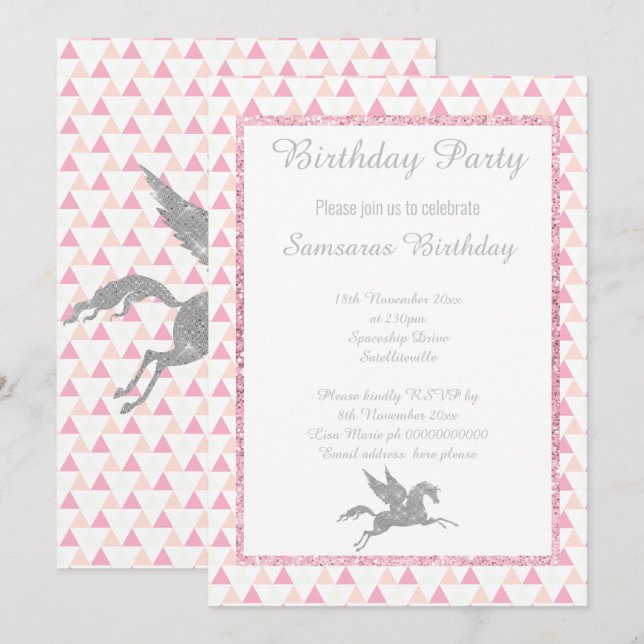 Sparkle SILVER Unicorn WHITE PINK PATTERN BIRTHDAY Invitation (Front/Back)