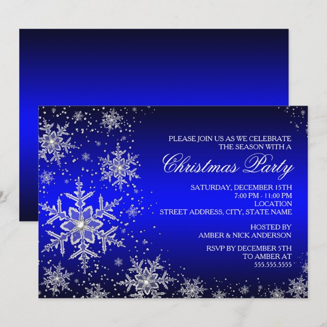 Sparkle Snowflake Blue Christmas Party Invite (Front/Back)