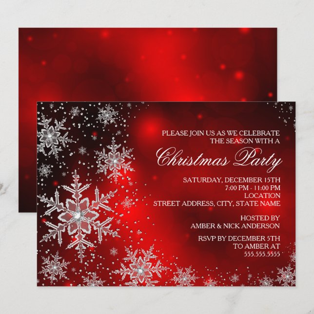 Sparkle Snowflake Red Christmas Party Invite (Front/Back)