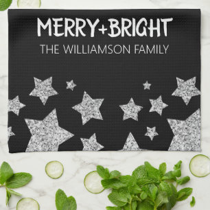 Sparkle Star Merry bright Christmas silver black Kitchen Towel