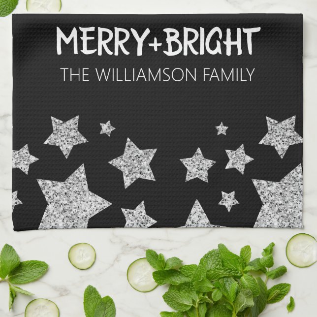 Sparkle Star Merry bright Christmas silver black Kitchen Towel (Folded)