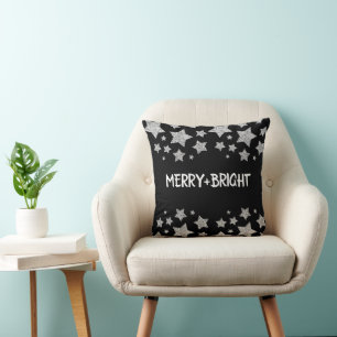 Sparkle Star Merry bright Christmas silver black Throw Pillow