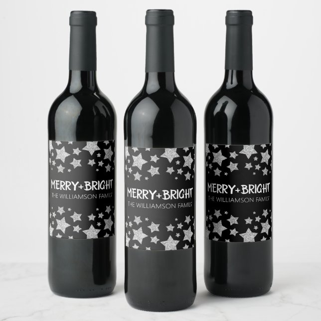 Sparkle Star Merry bright Christmas silver black Wine Label (Bottles)
